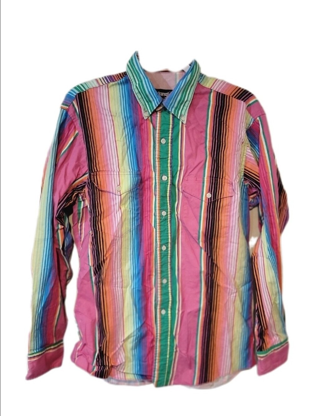 Vintage Wrangler Brushpopper Pink Colorful Button Up Western Shirt 16 34